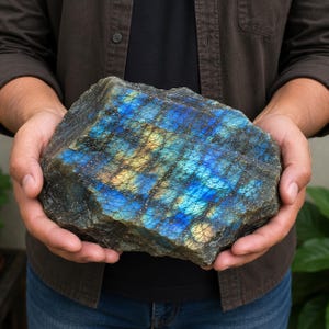 May include: A large, rough-cut labradorite stone featuring a prominent iridescent display of vibrant blue and golden-yellow flashes across its textured, crystalline surface. The mineral specimen exhibits a natural, jagged shape with deep fissures.