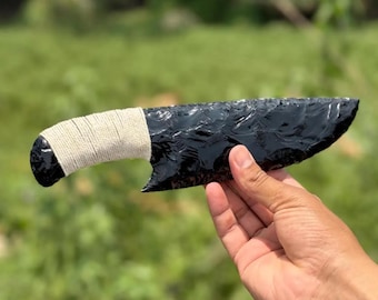 10" Handcrafted Obsidian Knife, Lava Obsidian Blade White Thread, Gift For Vikings