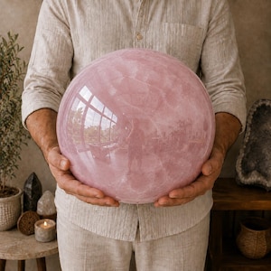 Puede incluir: Una gran esfera de cuarzo rosa pulido con una superficie lisa y translúcida de color rosa claro. La bola de cristal presenta inclusiones naturales y un acabado reflectante que muestra el entorno interior.