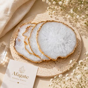 Natural White Agate Coaster with Gold Edges | Crystal Slice Drink Coaster | Luxury Coffee Table Decor | Elegant Gift for Her & Him
