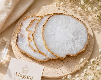 Natural White Agate Coaster with Gold Edges | Crystal Slice Drink Coaster | Luxury Coffee Table Decor | Elegant Gift for Her & Him