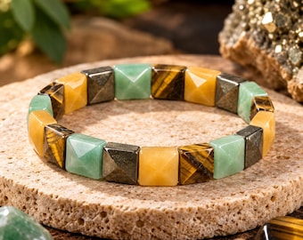 Pyramid Bead Gemstone Bracelet, Pyrite, Green Aventurine, Tiger Eye & Yellow Aventurine