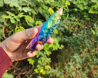 Titanium Aura Knife Arrowhead – Iridescent Crystal Dagger | Handmade Gemstone Blade for Rituals & Decor