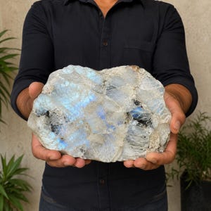 以下が含まれることがあります： 半透明のオフホワイトのベースに、ひび割れた結晶質の表面全体に際立った虹色の青い閃光が見られる、大きな未加工のムーンストーンの標本。石全体に自然なインクルージョンと暗い鉱物の堆積物が見られます。