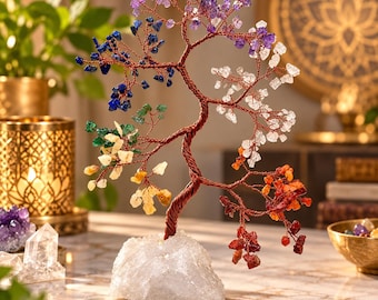 Seven Chakra Crystal Tree, Copper Wire Sculpture, White Quartz Base