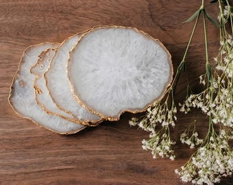 Natural White Agate Coaster with Gold Edges | Crystal Slice Drink Coaster | Luxury Coffee Table Decor | Elegant Gift for Her & Him