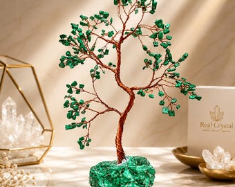 Malachite Gemstone Tree with Copper Wire, Crystal Bonsai Decor, Natural Stone Base, Meditation Altar