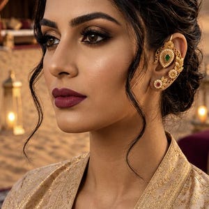 May include: A woman wearing a gold ear cuff with a green and red gemstone design. The cuff is adorned with intricate floral and leaf patterns. She is wearing a gold-colored embroidered jacket and has dark hair and makeup.