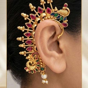 Antique Gold Peacock Ear Cuff Pair with Ruby Accents – Statement Non-Pierced Earring