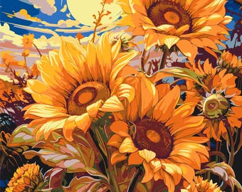 Bright Sunflowers Under the Moon Paint by Numbers Kit, DIY Floral Canvas Wall Art with Acrylic Paints, Brushes, Wooden Frame, Flower Artwork