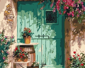 Unique Paint by Numbers Kit "Door Surrounded by Flowers", DIY Canvas Art with Acrylic Paints, Original Relaxing Painting Hobby Gift Set