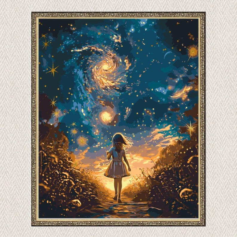 paint by numbers moonlight space diy canvas kit, includes acrylic paints, brushes, wooden frame, relaxing galaxy art project