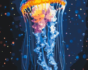 Jellyfish Paint by Numbers Kit, DIY Cotton Canvas Kit for Adults and Kids, Relaxing Creative Art, Handmade Ocean Wall Decor Painting Set