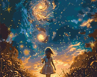 Paint by Numbers Moonlight Space, Relaxing Creative Art Project, Handmade Galaxy Artwork Decor, Canvas Painting Kit Gift for Artist