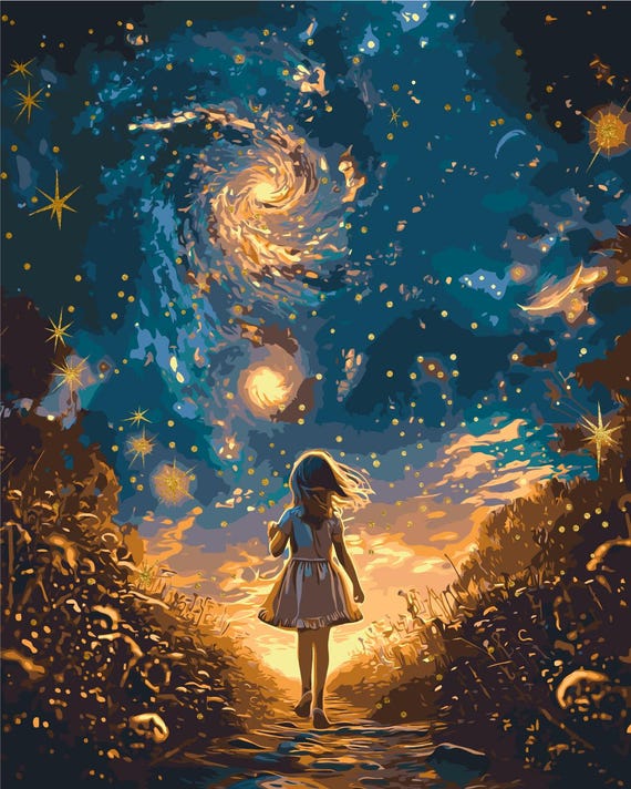 Paint by Numbers Moonlight Space, Relaxing Creative Art Project, Handmade Galaxy Artwork Decor, Canvas Painting Kit Gift for Artist