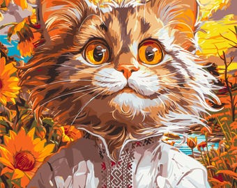 Ukrainian Style Paint by Numbers Kit, Cat in Embroidered Shirt & Patriot Dog Patron, DIY Custom Canvas Painting Kits with Acrylic Paints