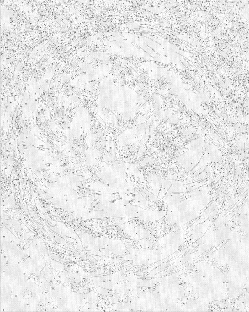 May include: A paint-by-numbers canvas depicting a wolf's face, with a detailed outline. The image is segmented into numerous small areas, each marked with a number, ready for colour application. The design is intricate, showing fur and facial features.