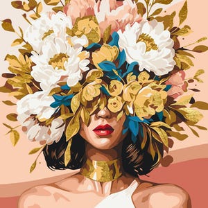 Gentle Girl in Flowers Paint by Numbers Kit, Romantic Portrait DIY Canvas, Acrylic Painting Set with Brushes and Custom Frame Option