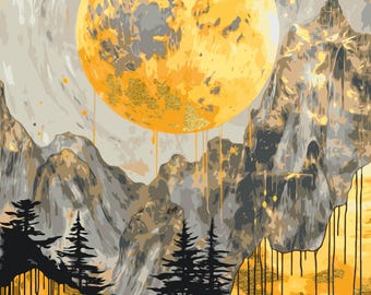 Morning Mountains Paint by Numbers Kits, Evening Landscape Canvas Artwork, Mysterious Mountains Metallic Paint Canvas, DIY Acrylic Painting