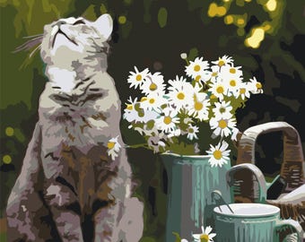 Gray Kitten Cute Paint by Numbers Kit, Original Cat Painting on Canvas Set with Acrylic Paints and Brushes, Art Therapy Painting Kit Gift