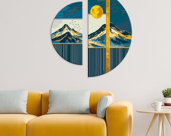 Original Japanese Landscape Paint by Numbers, Metallic Paints DIY Semi-Circles Artwork, Canvas Art Kit with Acrylic Paints and Brushes