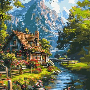 Handpainted Acrylic Mountain Landscape Wall Hanging Decoration with Frame, Paint by Numbers Kit DIY Custom Size Canvas, Art Lover Gift
