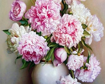 Paint by Numbers Kit Peonies in a Vase & White Peonies under the Full Moon, Canvas DIY Painting Set with Acrylic Paints and Frame Option