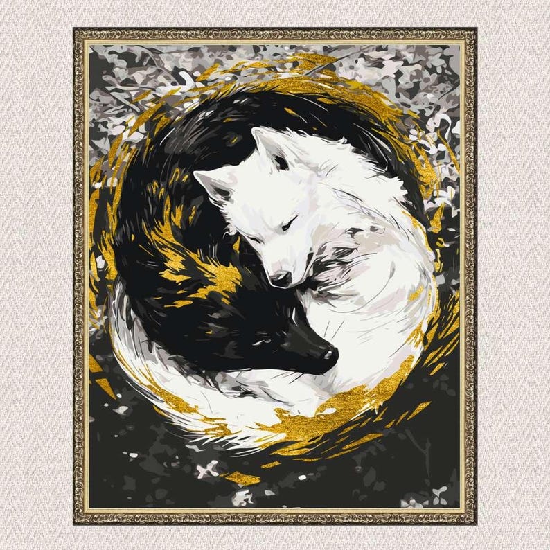 Paint by Numbers kit featuring pair of wolves Yin Yang, 40x50 cm, DIY acrylic canvas with metallic paints, natural cotton, wooden frame, brushes