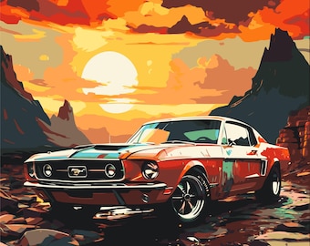 Paint by Numbers Car: Mustang at Sunset, DIY Painting Kit with Acrylic Paints on Canvas, Car Painting DIY Artwork, Gift for Car Lovers