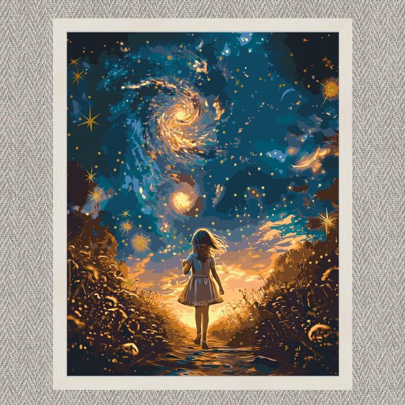 paint by numbers moonlight space diy canvas kit, includes acrylic paints, brushes, wooden frame, relaxing galaxy art project