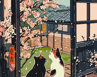 Cats by the Sakura Paint by Numbers Kit, Japanese Style DIY Painting Kit for Adults & Kids, Cat Lovers Art Set with Acrylic Paints on Canvas
