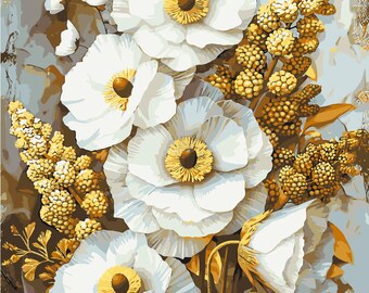 Floral Collection DIY Canvas Panting Set, Paint by Numbers Flower Kit with Metallic Paints, White Peony, Calla Lilies, White & Blue Blooms