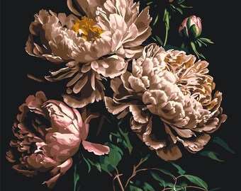 White Peonies Paint by Numbers Kit, DIY Floral Canvas Wall Art with Acrylic Paints, Brushes and Wooden Frame, Painting Kit Gift for Artist
