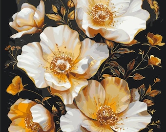Kit de pintura por números de flores douradas, tintas acrílicas metálicas, conjunto de arte em tela floral faça você mesmo para adultos e iniciantes, conjunto de presente de arte floral