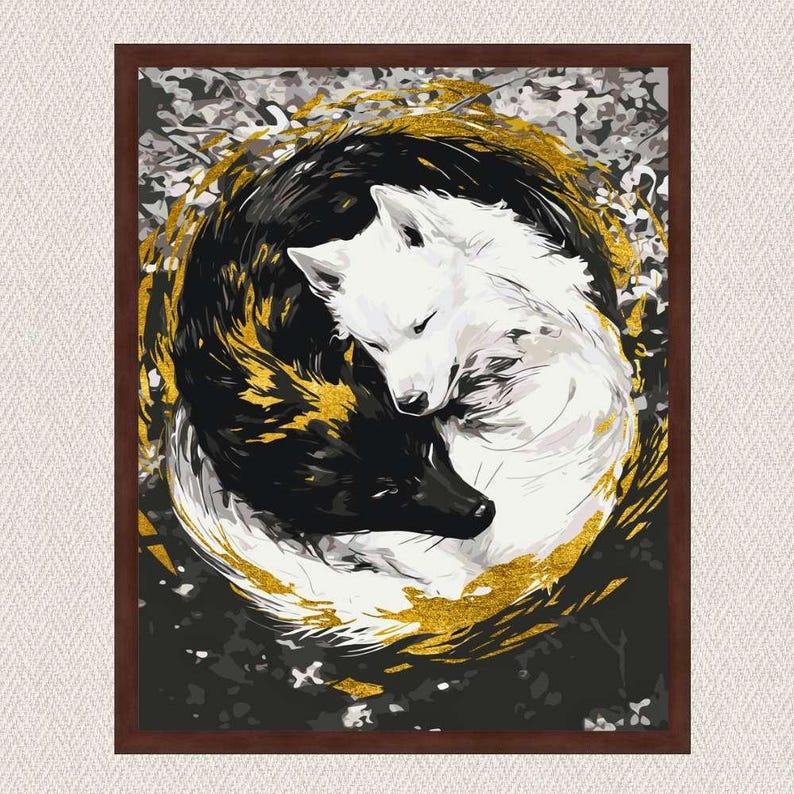 Paint by Numbers kit featuring pair of wolves Yin Yang, 40x50 cm, DIY acrylic canvas with metallic paints, natural cotton, wooden frame, brushes