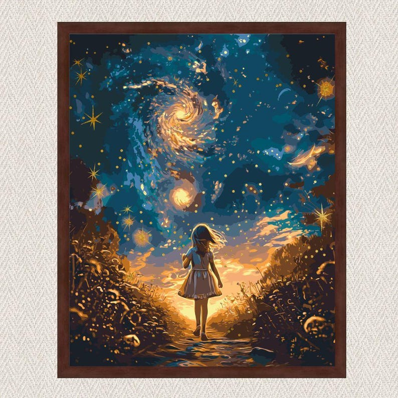 paint by numbers moonlight space diy canvas kit, includes acrylic paints, brushes, wooden frame, relaxing galaxy art project