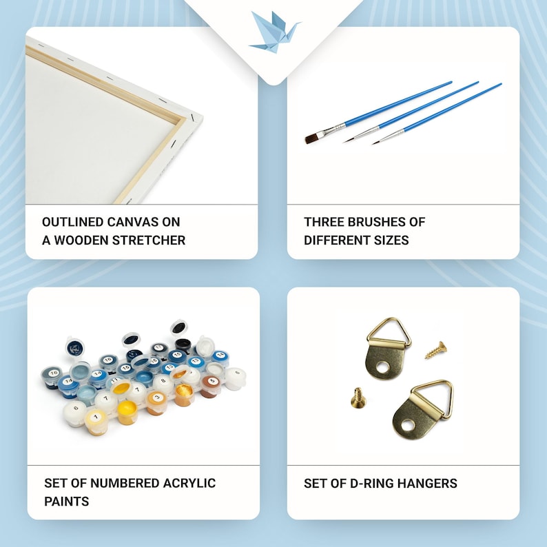 May include: A paint-by-numbers kit featuring an outlined canvas on a wooden stretcher, three paint brushes, a set of numbered acrylic paints, and a set of D-ring hangers. The kit includes the text "OUTLINED CANVAS ON A WOODEN STRETCHER", "THREE BRUSHES OF DIFFERENT SIZES", "SET OF NUMBERED ACRYLIC PAINTS", and "SET OF D-RING HANGERS".