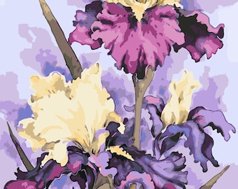Flowers Set Paint by Numbers, DIY Canvas Kit with Irises, Orchids or Yellow Roses, Acrylic Painting with Brushes, Framed Cotton Canvas Kit