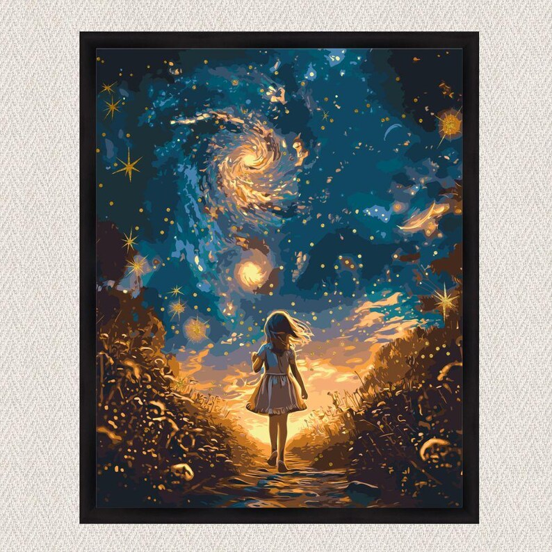 paint by numbers moonlight space diy canvas kit, includes acrylic paints, brushes, wooden frame, relaxing galaxy art project