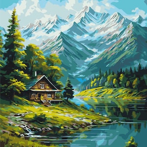 Mountain Landscape Paint by Numbers Wall Decoration Kit, DIY Acrylic Canvas Kit with Brushes and Paints, Numbered Colors, Relaxing Art Gift