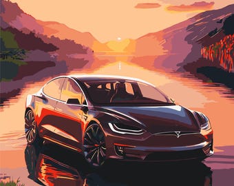 Paint by Numbers Tesla Car, Cotton Canvas DIY Kit with Acrylic Paints Brushes, Wooden Custom Frame Option, Relaxing Art Project for Adults