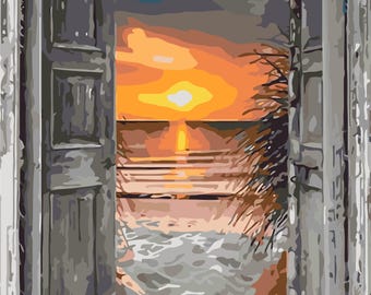 Doors to the Sea with Sunset Paint by Numbers Kit, DIY Seascape Canvas with Acrylic Paints and Brushes, Relaxing DIY Wall Art Canvas Set