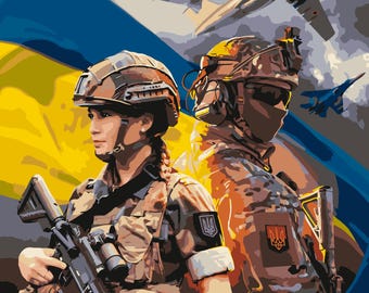 Armed Forces Paint by Numbers Patriotic Canvas Kits, Ukrainian Themed DIY Canvas Set with brushes and Acrylic Paints, Art Decor with Frame