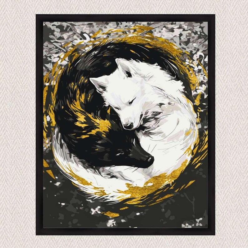 Paint by Numbers kit featuring pair of wolves Yin Yang, 40x50 cm, DIY acrylic canvas with metallic paints, natural cotton, wooden frame, brushes
