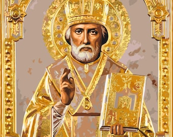 Paint by Numbers Icon Saint Nicholas the Wonderworker with Metallic Paints, Religious Canvas Painting Kit for Adults and Beginners