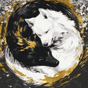 Paint by Numbers kit featuring pair of wolves Yin Yang, 40x50 cm, DIY acrylic canvas with metallic paints, natural cotton, wooden frame, brushes