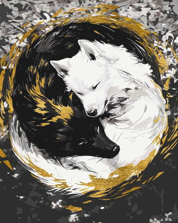 Wolves Yin Yang Paint by Numbers Kit, DIY Acrylic Canvas Kit with Metallic Paints, Brushes, Numbered Colors Relaxing Art Project Wall Decor