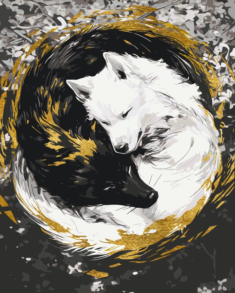 Paint by Numbers kit featuring pair of wolves Yin Yang, 40x50 cm, DIY acrylic canvas with metallic paints, natural cotton, wooden frame, brushes