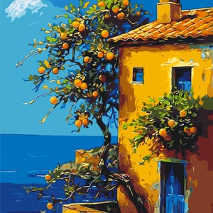 Summer Italian Landscape Wall Hanging Decor, Paint by Numbers Kit DIY Canvas, Scenic Acrylic Painting for Wall Decor, Relaxing Hobby Gift