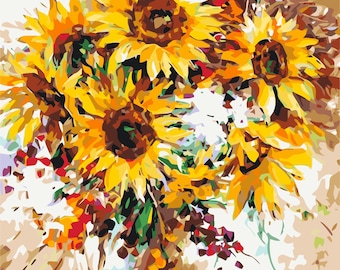 Sunflowers Painting Kit Set with Acrylic Paints and Brushes, Paint by Numbers Kit Bright Still Life Sunflowers, DIY Floral Canvas Painting